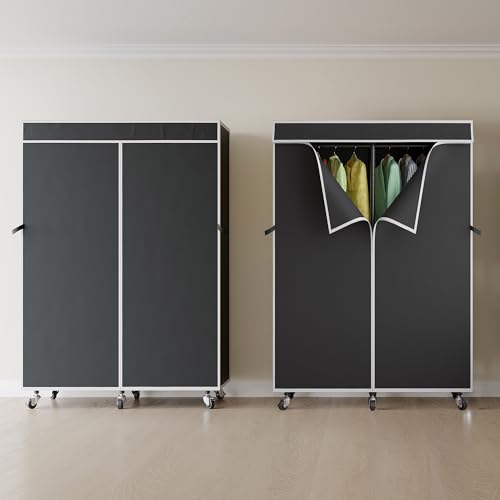 Higeego H9 Garment Rack with Cover, Heavy Duty Clothing Rack for Hanging Clothes, Portable Closet with wheels, Wardrobe Closet with Adjustable Shelves, Black Rack Shelf with Black Fabric Cover - style: with Black Cover