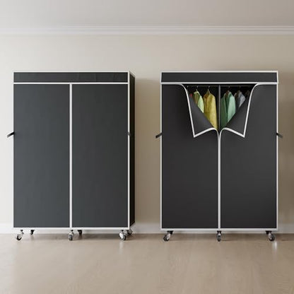 Higeego H9 Garment Rack with Cover, Heavy Duty Clothing Rack for Hanging Clothes, Portable Closet with wheels, Wardrobe Closet with Adjustable Shelves, Black Rack Shelf with Black Fabric Cover - style: with Black Cover