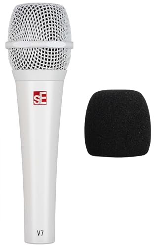 Audiosavings SE Electronics V7 White Bundle: Handheld Dynamic Supercardioid Vocal Microphone, WS07 External Windscreen for Plosive Reduction, Clear Stage Performance, Speech, Recording Use, 2-Items