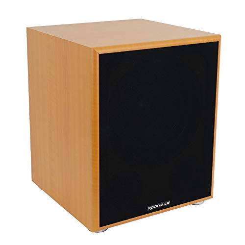 Rockville Rock Shaker 12 Wood 800W Peak/400W RMS Powered Home Theater Subwoofer 4 Ohm, Deep Bass, MDF Enclosure, RCA/High-Level Inputs, for Movies and Music - color: Classic Wood
