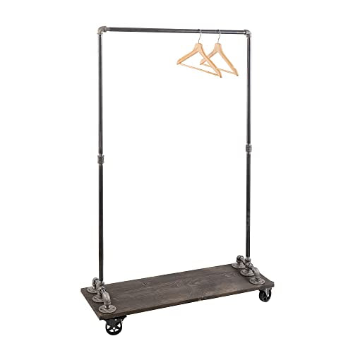 PIPE DECOR 36” x 11 ½” x 59 ½” Rolling Steel Pipe Clothing Rack with Wood Shelf, Commercial or Residential Industrial Clothes Display, Heavy Duty Black Steel Metal Wheeled Garment Frame - size: 36 in. x 59 in.