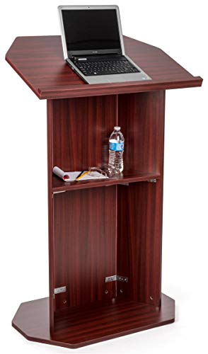 Displays2go Wooden Podium, Mahogany | Podium for Floor, Large Reading Surface, Open Back with Shelf, OLILCTOPBSM - color: Mahogany