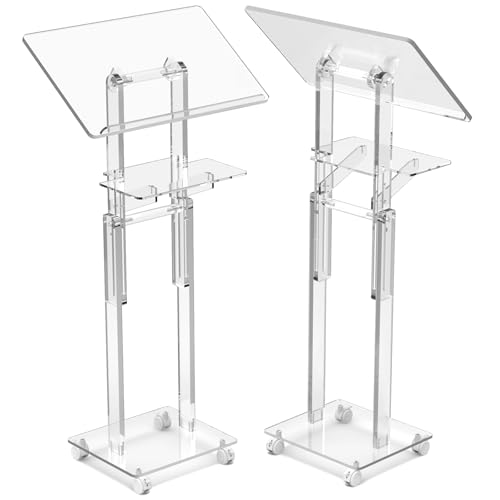 Acrylic Podium Stand Portable, Rolling Podium with Wheels, Clear Podium with Storage Shelf, Lockable Wheels for Churches, Classroom, Weddings, Speech (Adjustable Size, 37.8-47.2 inches Tall) | 37.8–47.2 in height range, tilting top, storage shelf and lock