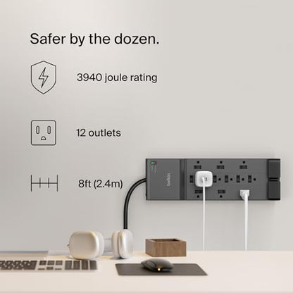 Belkin Power Strip Surge Protector - 12 AC Multiple Outlets & 8 ft Long Flat Plug Heavy Duty Extension Cord for Home, Office, Travel, Computer, Laptop & Phone Charging Brick (3,940 Joules), Pack of 3 - style: w/ Coaxial Phone Protection - 3 Pack