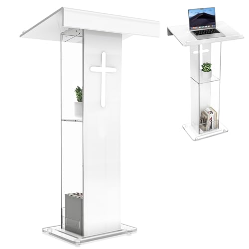 45.3" Acrylic Podium Lectern with Double Shelves, Modern Plexiglass Clear Church Pulpit with Cross Design - Ideal for Classroom, Conference, Wedding, and More