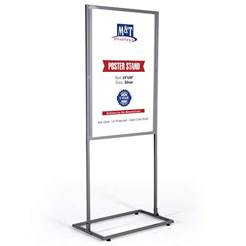 M&T Displays Metal Eco Info Board, Silver 24x36 Inches Slide-In Poster Sign Holder 1 Tier Double Sided Floor Standing Pedestal Advertising Display with Backing and Anti-Glare PET Cover - color: Silver, size: 24x36