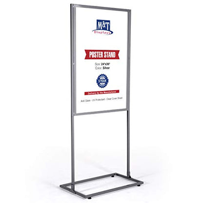M&T Displays Metal Eco Info Board, Silver 24x36 Inches Slide-In Poster Sign Holder 1 Tier Double Sided Floor Standing Pedestal Advertising Display with Backing and Anti-Glare PET Cover - color: Silver, size: 24x36