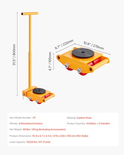 VEVOR Machine Skate, 6T Machinery Skate Dolly, 13228 lbs Machinery Moving Skate, Machinery Mover Skate with 360° Rotation Cap and PU Directional Rollers, Heavy Duty Industrial Moving Equipment, Yellow - size: 6T