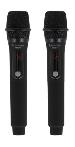 Technical Pro WMU72 Rechargeable Dual Wireless Microphones with USB-Powered Receiver, 2.4 GHz, 150 ft Range, Dynamic Cardioid Pickup, 1/4 in to 3.5 mm Adapter, for PA, DJ and Computers
