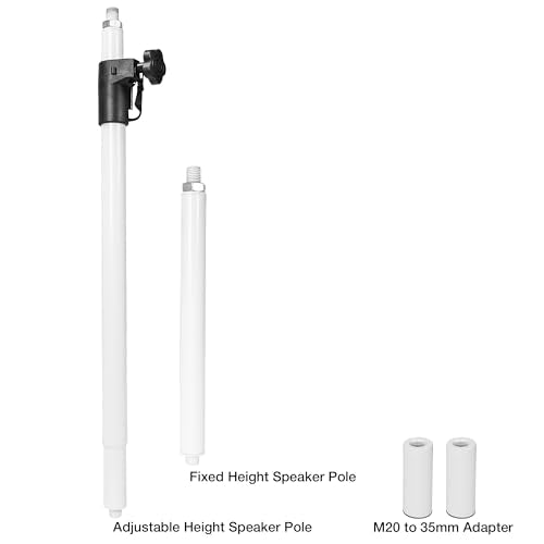 Sound Town Speaker Pole Set, 29"-48" Adjustable Height Subwoofer/Speaker Pole and 14" Fixed Height Extended Pole with M20 & 35mm Adapters, White (STSD-MM1449W) - size: Height-Adjustable/Fixed Poles, White(M20 & 35mm)