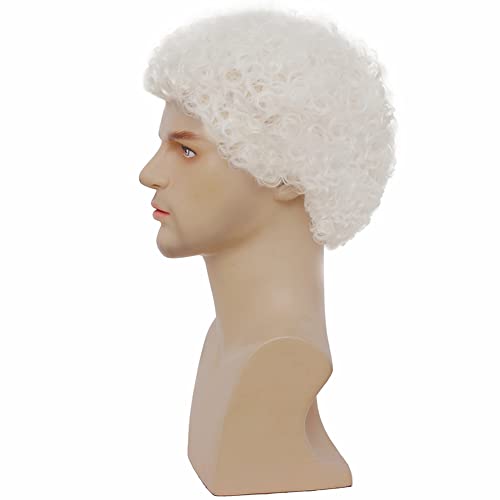 Swiking Mens Short White Afro Curly Wig for Male Guy Rocker Wig California Halloween Cosplay Costume Daily Wigs (White) - color: White