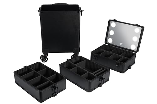 4 in 1 Rolling Makeup Train Case with Light & Mirror, Interchangeable Cosmetic Box, Cosmetology Caboodle Case on 360° Wheels, Beauty Storage Luggage(Black) - color: Deep Black