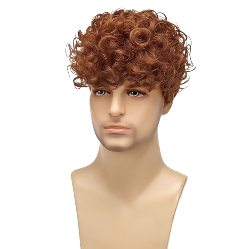 Mens Orange Curly Wigs Short Wig,Synthetic Heat Resistant Costume Wig Mens Daily Cosplay Party Halloween - color: C-Orange