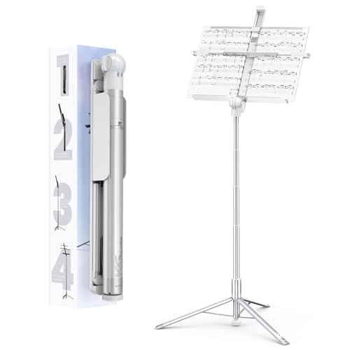 KraftGeek Capsule Music Stand for Sheet Music, 66" Portable Music Stand | No Assembly, Folding Design for Travel, 29"-66" Adjustable Height, Foldable Tray Fits A3 Sheets, Dual 1/4" Mounts - color: White