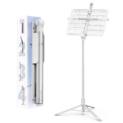 KraftGeek Capsule Music Stand for Sheet Music, 66" Portable Music Stand | No Assembly, Folding Design for Travel, 29"-66" Adjustable Height, Foldable Tray Fits A3 Sheets, Dual 1/4" Mounts - color: White