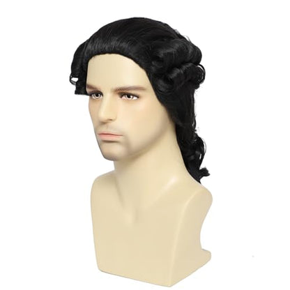 Adequate Men's Black Colonial Judge Wig, 18th Century Gentleman Curly Wig with Ribbon for George Washington Halloween Cosplay Costume Party (Black) - color: C-Black