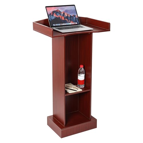 Wooden Podium Lectern Stand with Storage Shelves, Presentation Pulpit for Church Classroom (Reddish Brown) - color: Reddish Brown