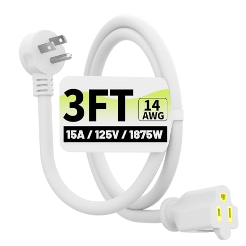 Vockjour 3 FT 14 Gauge Low Profile Flat Plug Extension Cord White - color: White, size: 3FT