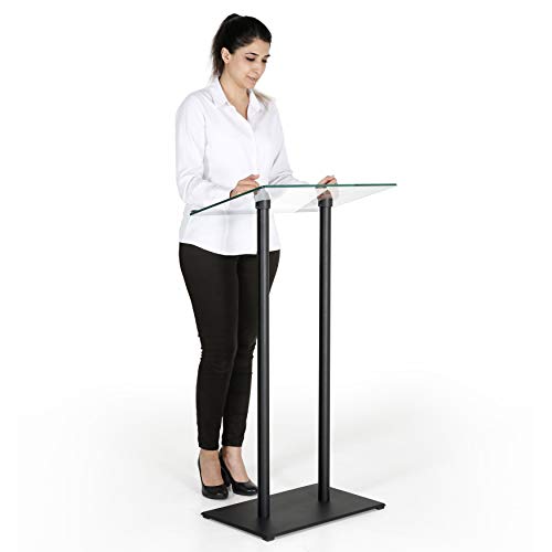 M&T Displays Tempered Clear Glass Conference Podium Stand Black Aluminum Body and Base 43.9 Inch Height Floor Standing Lectern Pulpit Desk for Classroom Church - color: Black