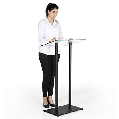 M&T Displays Tempered Clear Glass Conference Podium Stand Black Aluminum Body and Base 43.9 Inch Height Floor Standing Lectern Pulpit Desk for Classroom Church - color: Black
