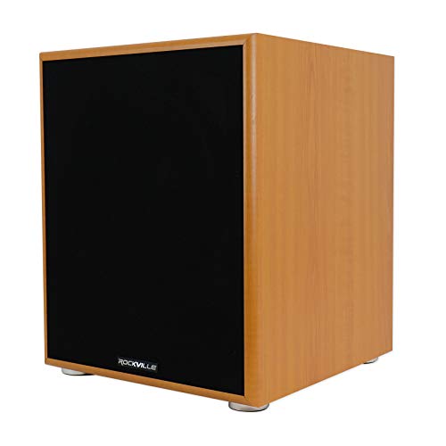 Rockville Rock Shaker 12 Wood 800W Peak/400W RMS Powered Home Theater Subwoofer 4 Ohm, Deep Bass, MDF Enclosure, RCA/High-Level Inputs, for Movies and Music - color: Classic Wood