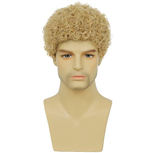 Swiking Mens Curly Afro Wigs Light Blonde Short Wig California Halloween Cosplay Replacement Wigs Rocker Wig for Male Guy(Light Blonde) - color: Light Blonde