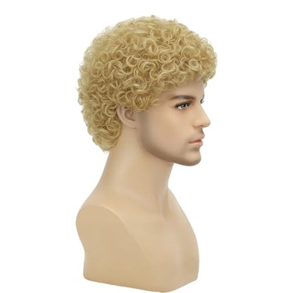 Afro Curly Dark Brown Wig for Men Short Synthetic Halloween Cosplay Costume Replacement Hair Wigs - color: B-Blond