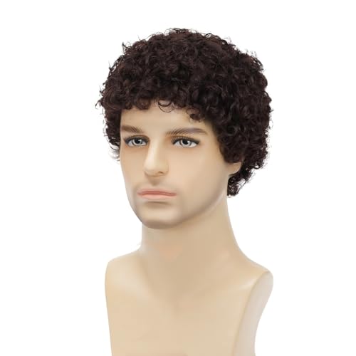 Afro Curly Dark Brown Wig for Men Short Synthetic Halloween Cosplay Costume Replacement Hair Wigs - color: B-Dark Brown