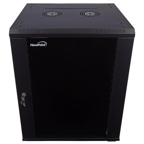 NavePoint 15U Server Cabinet Wall Mount Rack Enclosure with Caster Wheels, Includes 2 Fans, Locking Glass Door, Removable Side Panels – 15U Network Cabinet 17.7” Deep, 19”Server Rack for IT Equipment - size: 15U - 450mm Depth