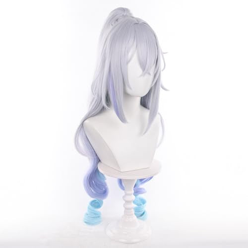 Lv999 Silver Wolf Grey Gradient Sky Blue Lake Blue Women Long Curly Hair,Split Tiger Clip Anime Game Halloween Party Costume with Free Hairnet - color: Grey Gradient Sky Blue