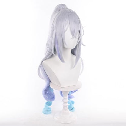 Lv999 Silver Wolf Grey Gradient Sky Blue Lake Blue Women Long Curly Hair,Split Tiger Clip Anime Game Halloween Party Costume with Free Hairnet - color: Grey Gradient Sky Blue
