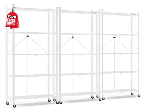 ALANNG 70.7" H Metal Storage Shelves, 5 Tier Folding Shelf on Wheels | Heavy Duty, No Assembly, Rolling, Collapsible Rack Unit for Kitchen, Basement, Pantry (White,3 Pack) - color: White