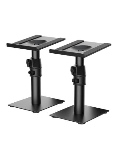 Suptek Free-Standing Speaker Stand Desktop Set, 7.8 x 6.5 inch Trays, Height Adjustment and Tilt, Universal Audio Holders for Computer and Bookshelf Speakers, Elevated Sound, 2 Pack, Black, SDM001TS - color: Black, size: 7.8" x 6.5" x 14.2"