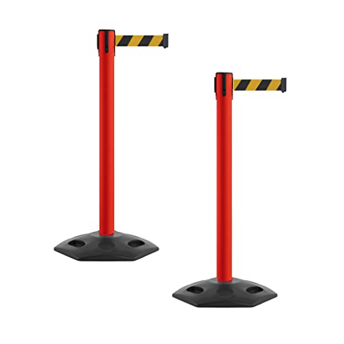 Montour Line MSR650 Set of 2 Retractable Belt Barrier Stanchion, Heavy-Duty Rubber Base, Red Steel Post (16 ft Black and Yellow Diagonal Belt) - color: Black and Yellow Diagonal, size: Red Steel
