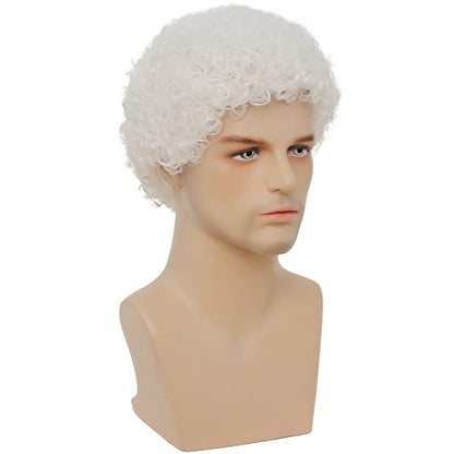 Swiking Mens Short White Afro Curly Wig for Male Guy Rocker Wig California Halloween Cosplay Costume Daily Wigs (White) - color: White