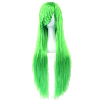 80cm Long Straight Natural Hair Cosplay Wigs with Bangs Colorful Halloween Costume Party Wig for Women (Apple Green) - color: Apple Green