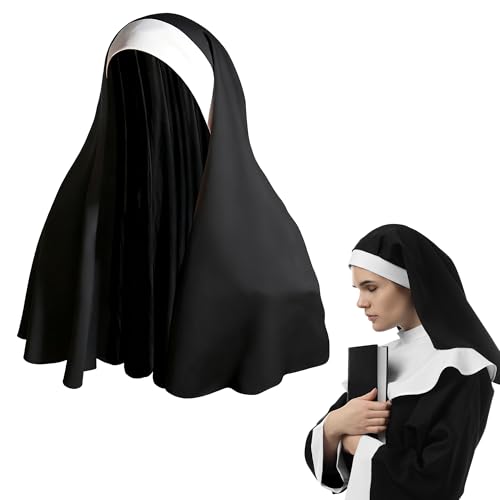 Nun Headpiece Costume, Elegant Nun Habit Cap Costume Hat Accessory Black and White Nuns Veil Costumes for Women Adult Halloween Cosplay Party