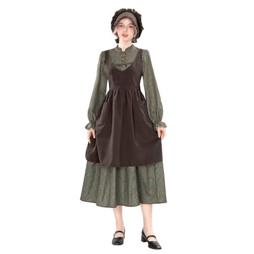 NSPSTT Prairie Dress Women Pioneer Dress Colonial Costume - color: Green Dress+brown Apron, size: X-Large