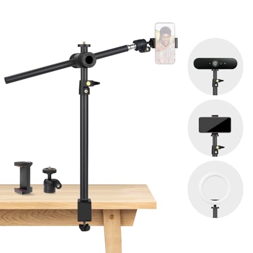 Overhead Camera Mount Desk Stand, Camera Arm Desk Mount Clamp Stand with 360°Adjustable Magic Arm, Webcam Arm Mount Stand w Ballhead Phone Mount for Desk Logitech Microphone Video Light Cell Phone - size: 1DFPGBL