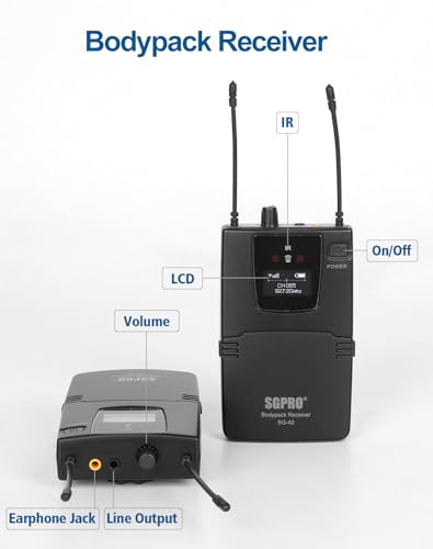 SGPRO Wireless in-Ear Monitor System, IEM System Mono with Metal Transmitter, Bodypack Receiver Monitor Earphones, 85 Adjustable Frequencies 262ft Operation for Bands, Studio & Events