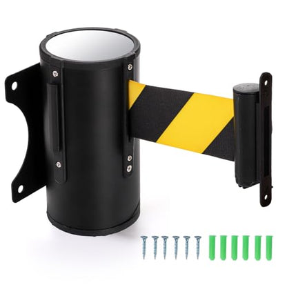 Wall Mount Retractable Belt, 16 Feet | Crowd Control Wall Barrier with Steel Case, Black Yellow Caution Flood Traffic Belt Diagonal Stripe for Grocery, Retail Store