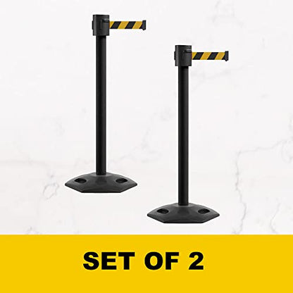Montour Line MSR760 Set of 2 Retractable Belt Barrier Stanchion, Rubber Base, Black Powder Coated Post (35 ft Black and Red Diagonal Belt) - color: Black and Red Diagonal, size: Black Powder Coated