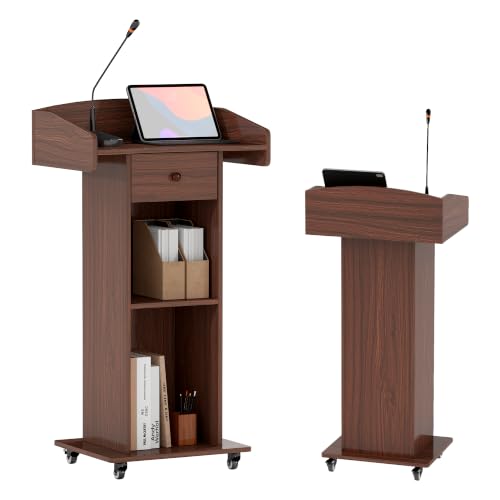 Portable Podium Stand with Metal Wheels Wooden Rolling Lectern Podiums Mobile Pulpit with Drawer Host Stand Reception Desk for Church Office Classroom Conference Restaurant, Brown - color: Brown