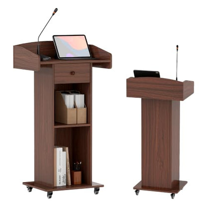 Portable Podium Stand with Metal Wheels Wooden Rolling Lectern Podiums Mobile Pulpit with Drawer Host Stand Reception Desk for Church Office Classroom Conference Restaurant, Brown - color: Brown