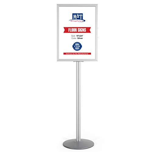 M&T Displays Sign Holder Stand, Silver 18x24 Inch Poster Frame Double Sided Slide-In Aluminum Easy Loading Floor Standing Pedestal Advertisement Post Commercial Menu Holder Round Heavyweight Base - color: Silver