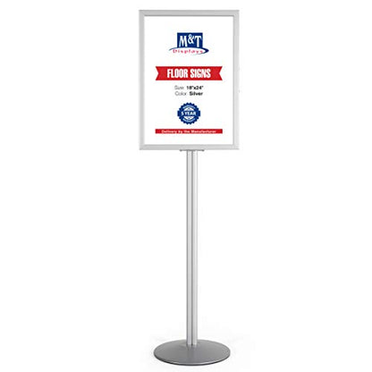 M&T Displays Sign Holder Stand, Silver 18x24 Inch Poster Frame Double Sided Slide-In Aluminum Easy Loading Floor Standing Pedestal Advertisement Post Commercial Menu Holder Round Heavyweight Base - color: Silver