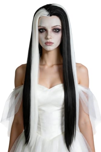Long Straight Black and White Split Wig, Ghost Bride Gothic Style Cosplay Wig for Halloween Costume | Halloween Party, Cosplay Costume, Gothic Style, Vampire Theme - color: Black White