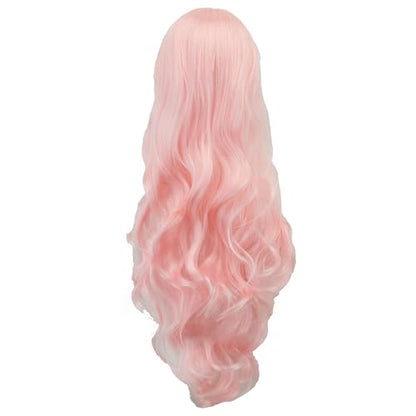 IMISSU 80cm Long Curly Natural Hair Cosplay Wig with Bangs Colorful Halloween Costume Party Wigs for Women (Bright Pink) - color: Bright Pink