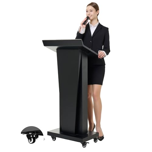 Podium Stand with 4 Locking Wheels, Lecterns & Podiums for Church School Office Conference Home, Heavy Duty Metal, Large Storage Area, Slant Desktop, 50.4" H - color: Executive Angled Metal - Black