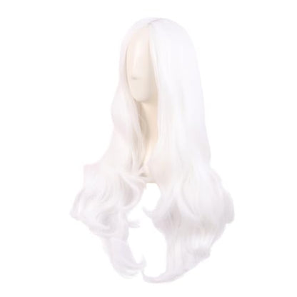 MapofBeauty 28 Inch Long Wavy Curly Side Bangs Party Hair Wig, White | Synthetic fiber, 70 cm Cosplay Wig, Fashion - color: White